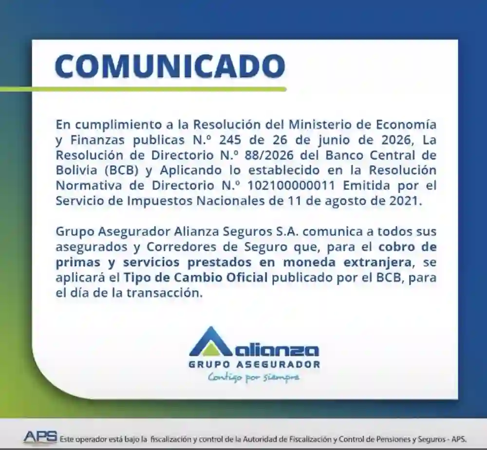 Comunicado de Alianza Seguros: Cobro de primas en moneda extranjera al Tipo de Cambio Oficial